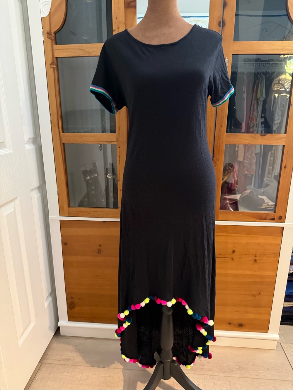 Pitusa Black High-Low Maxi Dress with Multicolor Pom-Pom Trim